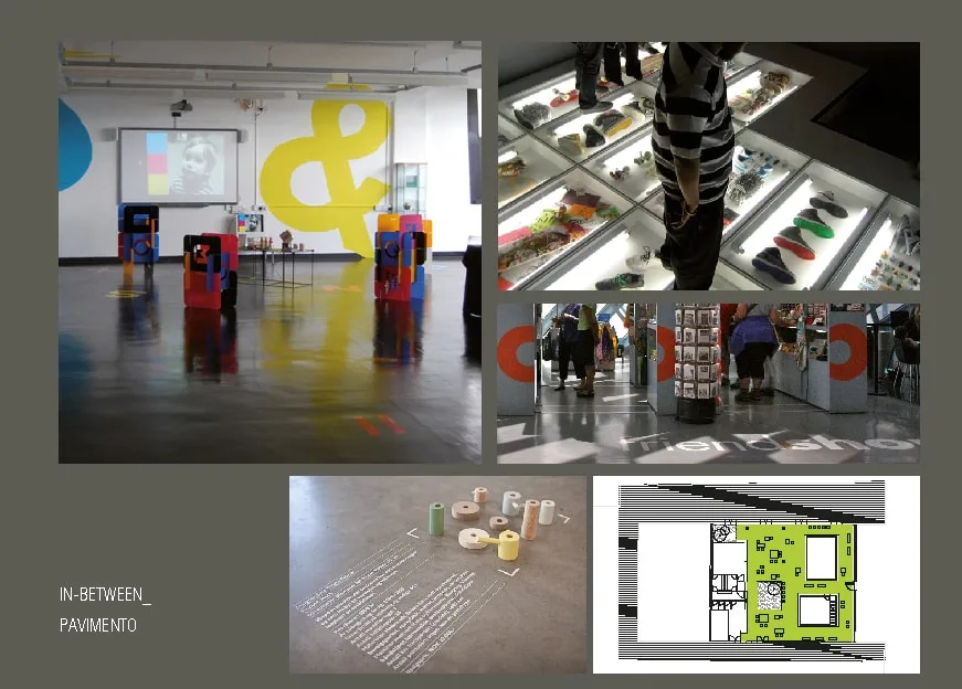 Design Evolution: floor treatment references with typographic retail environments, oversized floor lettering, coloured plinths, and activated ground plane