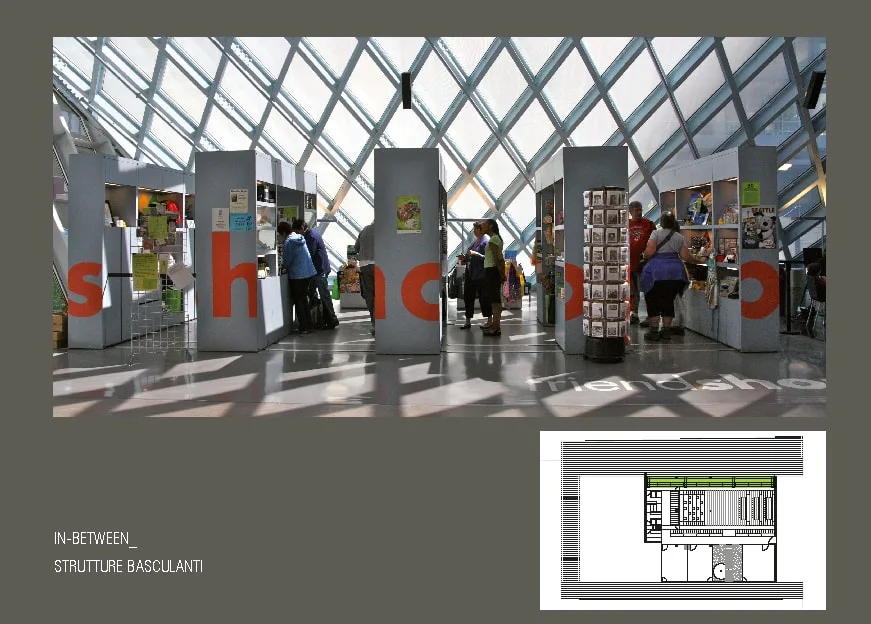 Design Evolution: 3D lettering render showing oversized structural letter forms within the arched vault space with floor plan overlay