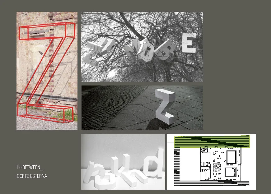 Design Evolution: exterior courtyard references with large-scale 3D letter sculptures in campus outdoor spaces and aerial map overlay