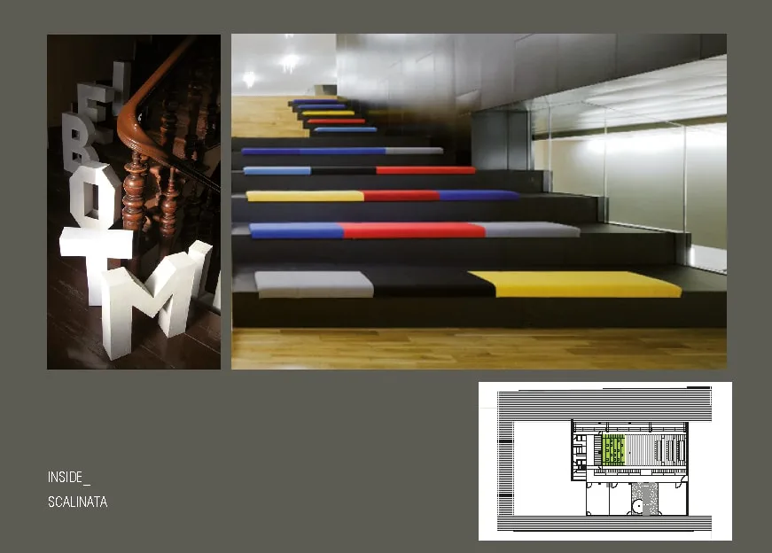 Interior: scalinata stepped seating with coloured cushions in yellow, green, red, and blue alongside 3D letter installations, floor plan inset showing location
