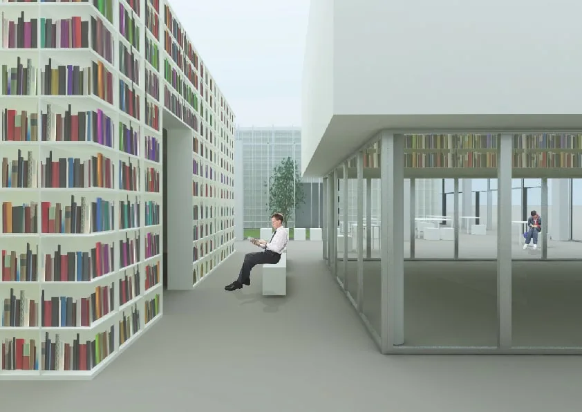 Interior: reading zone with floor-to-ceiling coloured bookshelf walls, seated figure, glass Volume Sospeso visible in background, and steel-framed walkway above