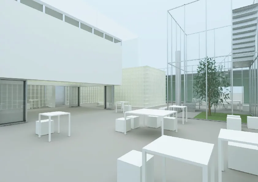 Interior: open-plan reading terrace with white furniture, glass-walled patio with tree, and campus buildings visible through the transparent vault walls