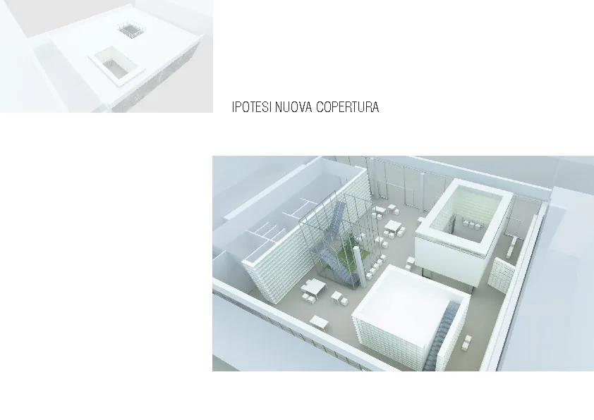 Exterior: aerial render of the new roof proposal showing rooftop garden terrace with planted areas and central glass skylight pavilion from above