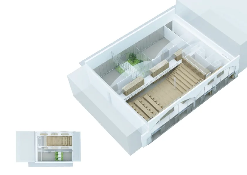 Interior: axonometric 3D white massing model showing spatial organisation of reading zones, stepped gradonata seating, passerelle walkways, and archive shelving within the vaulted shell
