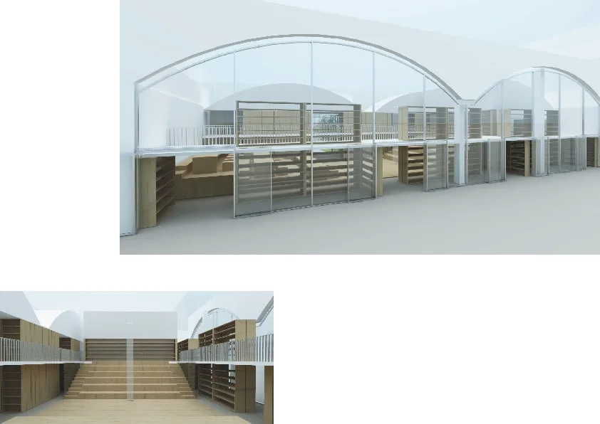 Exterior: two renders of the library pavilion showing arched concrete vault with full-height glass curtain wall and interior volumes visible through the transparent facade