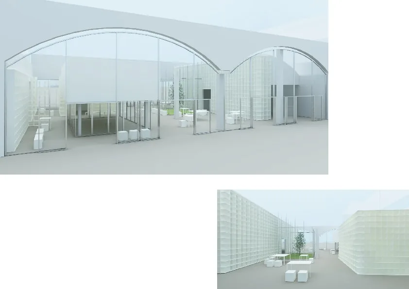 Exterior: arched vault building with transparent glass walls revealing modular bookshelf system and white furniture, two perspective views of the campus pavilion