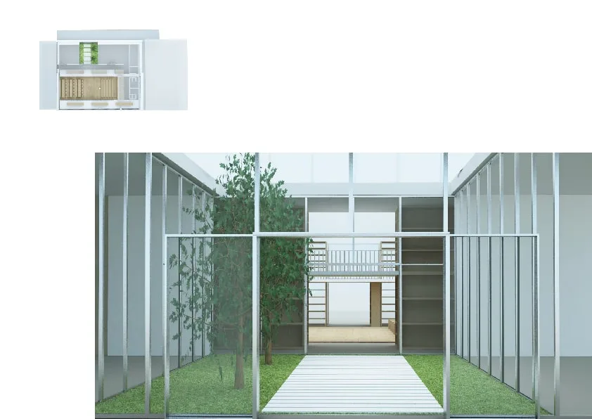 Exterior: roof garden proposal with glass pavilion, trees, planted areas, and axonometric model showing the new roof option above the converted warehouse