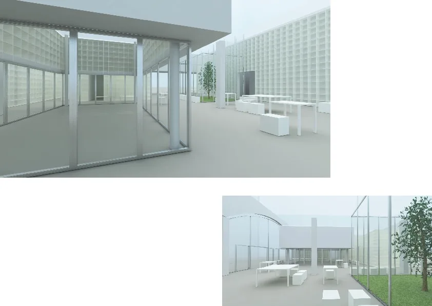 Exterior: campus-level render showing the library entrance with white modular bookshelf wall and outdoor seating areas, two views of the pavilion approach