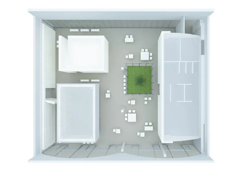 Interior: top-down plan render showing spatial organisation with green patio zone, Volume Sospeso floating room, reading areas, and perimeter archive shelving
