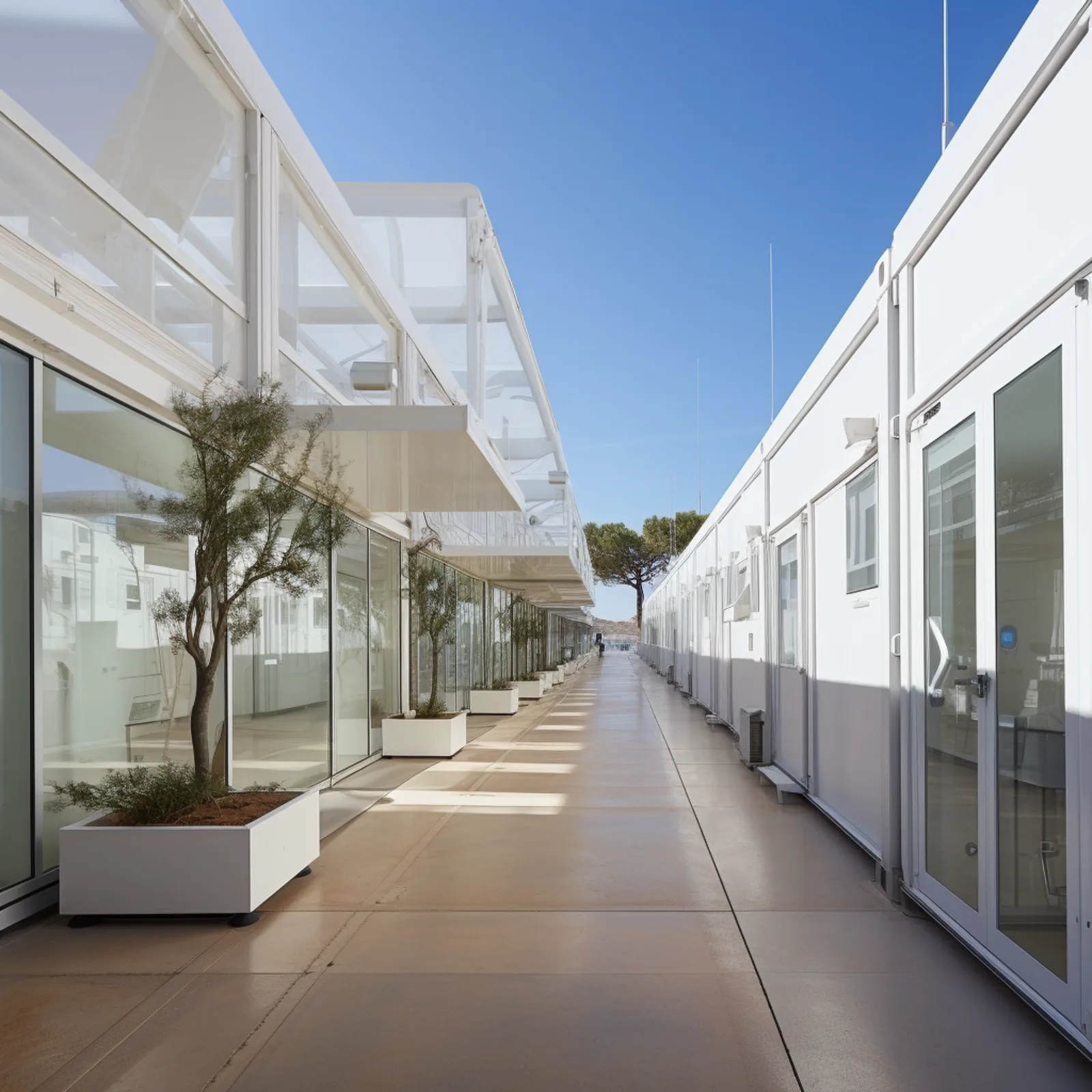 Render: campus village interior ward concept showing container-module treatment bay with hospital beds, medical equipment, and natural daylight