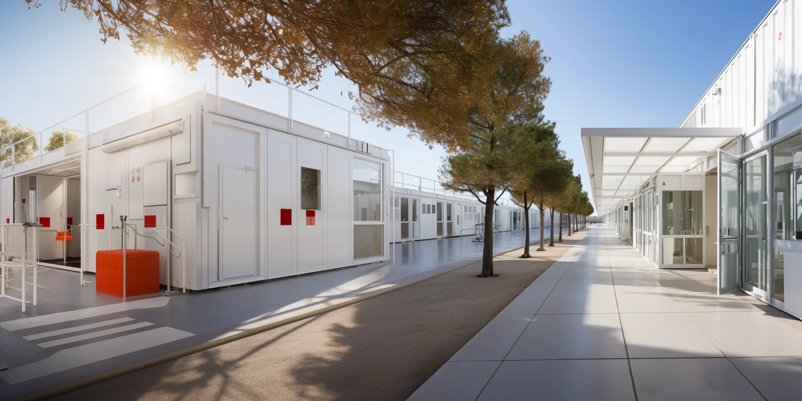 Render: wide panoramic view of the campus village concept showing the full extent of the modular healthcare settlement with deep roof canopies and courtyard spaces