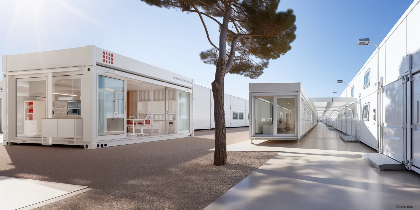 Render: wide panoramic view of the campus village healthcare concept showing parallel container module buildings, central covered courtyard, and arid African landscape