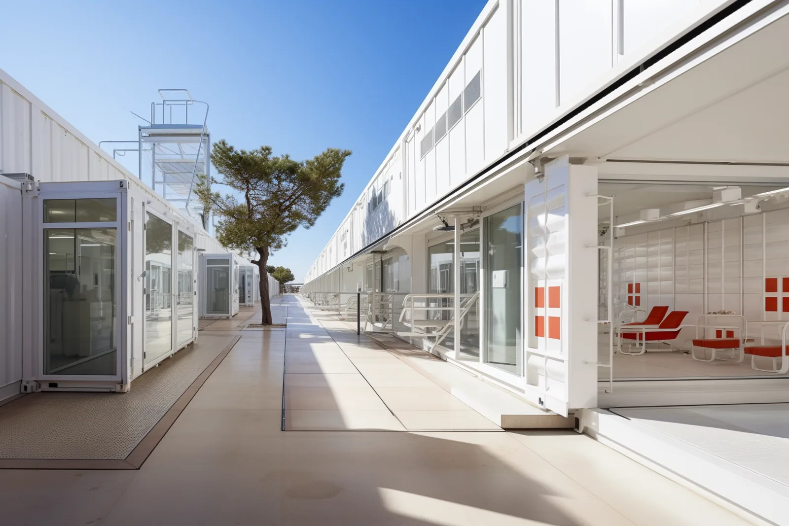 Render: campus village perspective showing container-derived modular healthcare buildings with deep roof canopies, shaded circulation routes, and palm trees