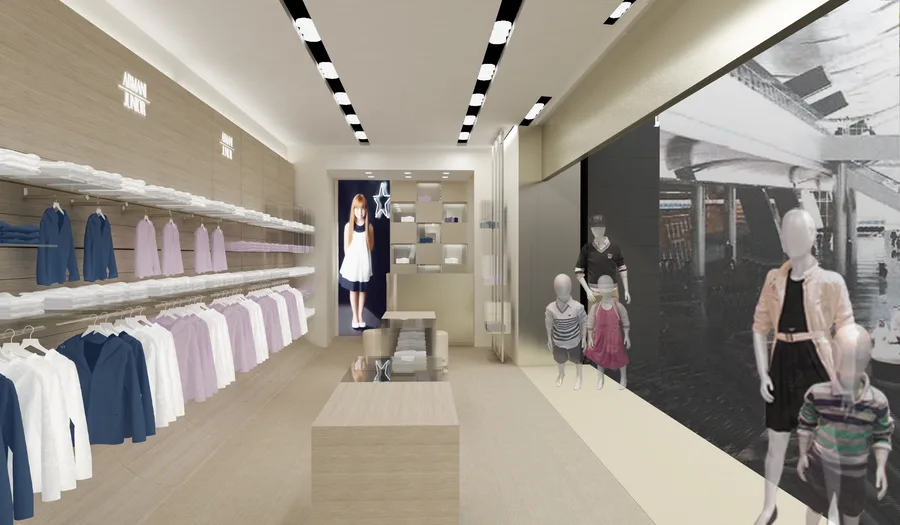 Interior: Rome Via Frattina render showing narrow palazzo proportions with circular-aperture ceiling lights and campaign image dressing room focal point