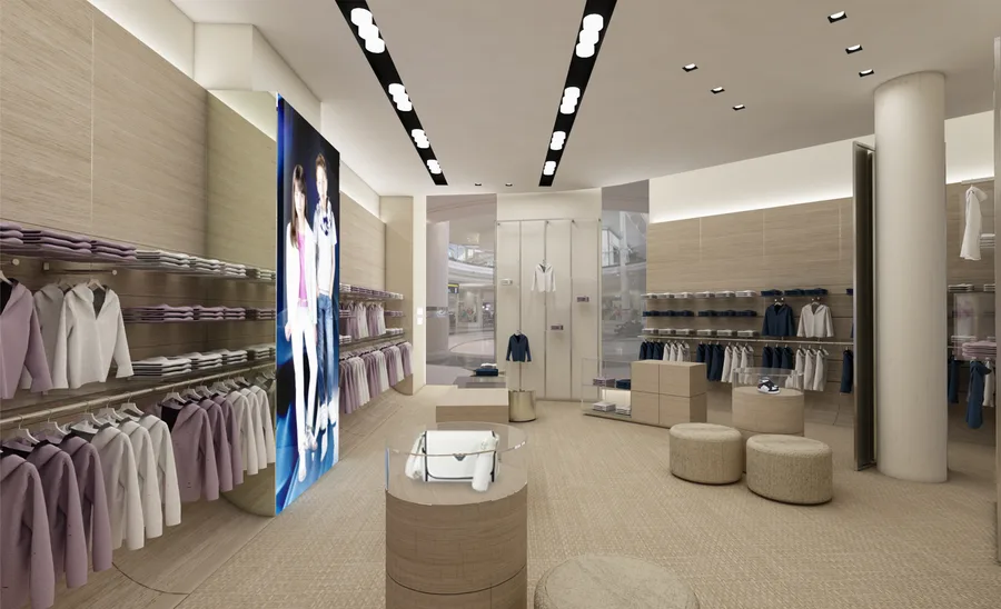 Interior: Miami Lincoln Road Armani Jeans render with navy-red-white AJ palette, millerighe podiums, perforated metal ceiling, and resin floor