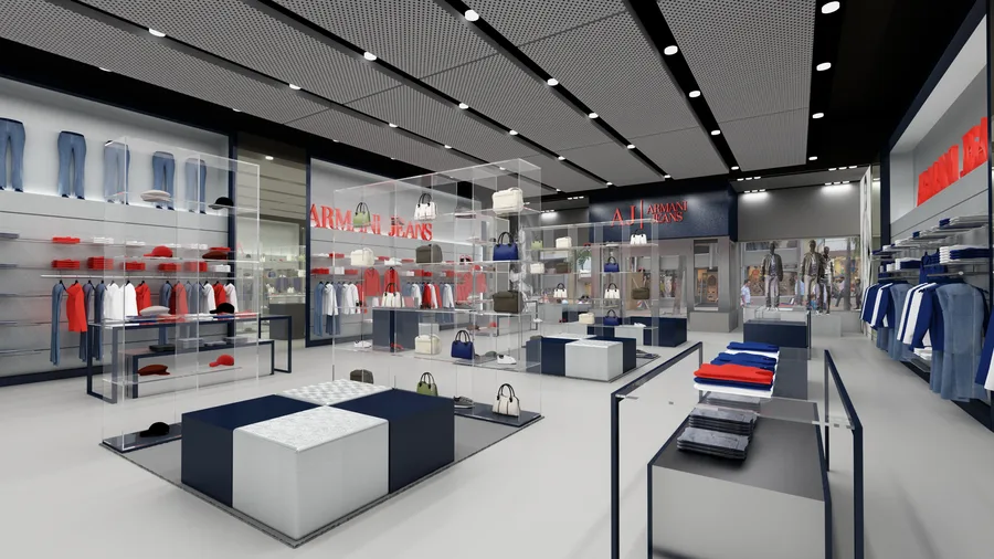 Interior: Taiyuan department store Armani Junior shop-in-shop render with AJR brand elements adapted to Chinese retail format and beam lighting