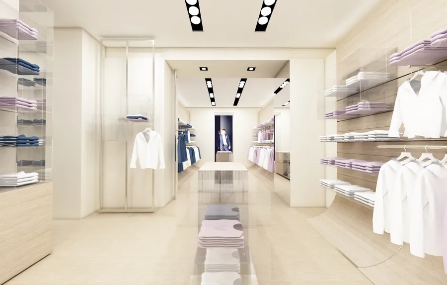 Exterior: Melbourne Chadstone Armani Junior render showing unique convex curved glass facade within shopping centre, the only non-rectangular storefront