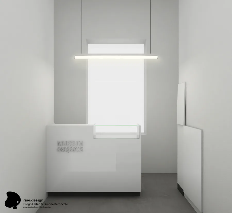Detail: modular reception counter render in open configuration showing adaptable MDF panel system with beige matte laminate finish and integrated illuminated floating shelf