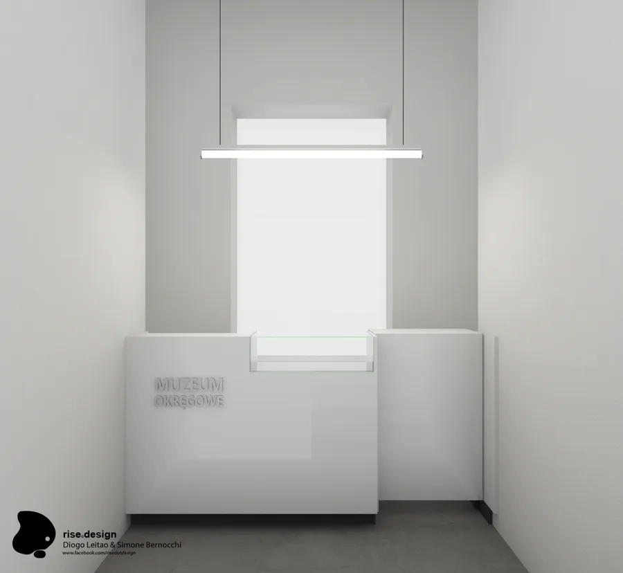 Detail: modular reception counter render in alternate open configuration demonstrating the transformable furniture design for flexible exhibition programming