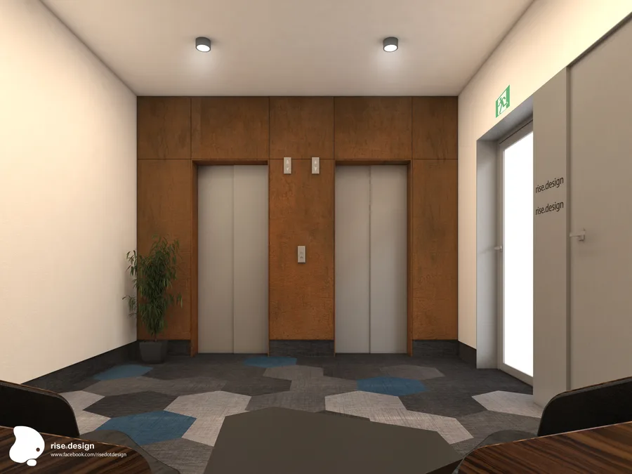Interior: elevator hall render with corten-effect rusty tile wall surround panels, Bolon hexagonal flooring in grey and teal, fire exit door, and potted plants flanking lobby seating area