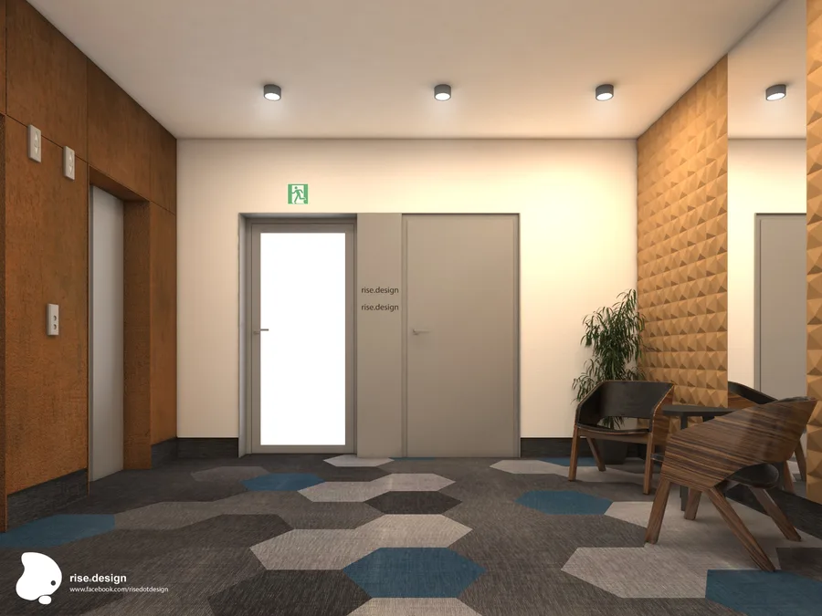 Interior: lobby alternate angle render showing Muratto 3D pyramidal cork panels, elevator doors with natural cork surrounds, Bolon hexagonal floor pattern, and timber lounge chairs with dark upholstery