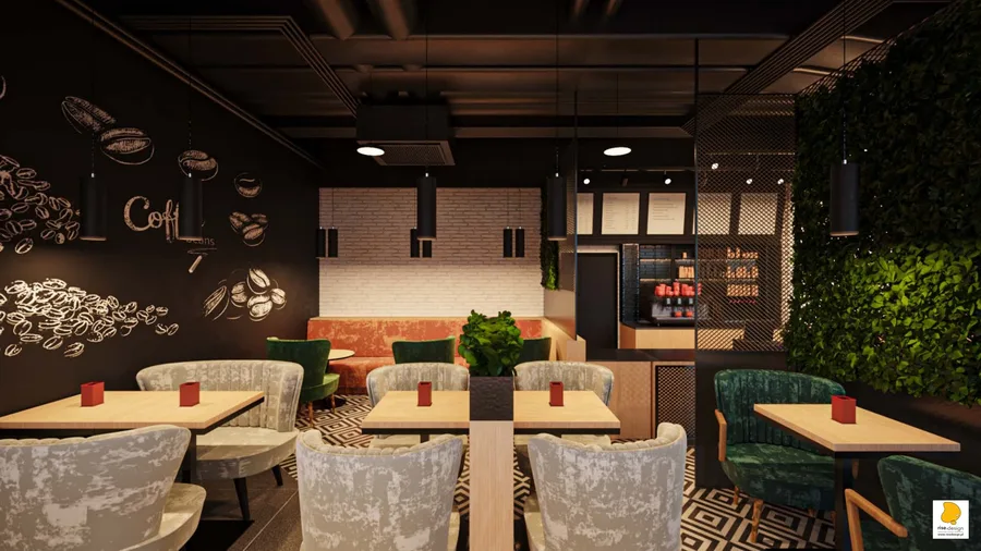 Interior: left seating wing render with coral terracotta banquette seating along arch mural wall, cognac oak Egger Kendal partition walls, and ceiling-hung steel mesh plant baskets