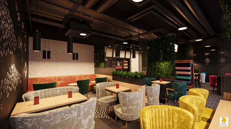 Interior: right seating wing render with mustard yellow and teal velvet armchairs, abstract arch mural in dark chocolate and warm beige tones, and station concourse views through windows