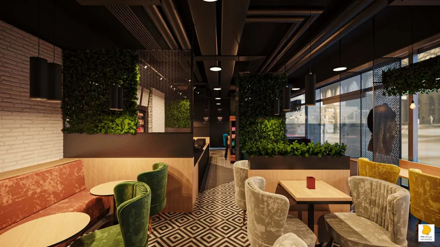 Interior: rear wall render showing white brick tile finish on Wall B with black tile accent zones, banquette seating, and honey-stained beech wood communal dining table