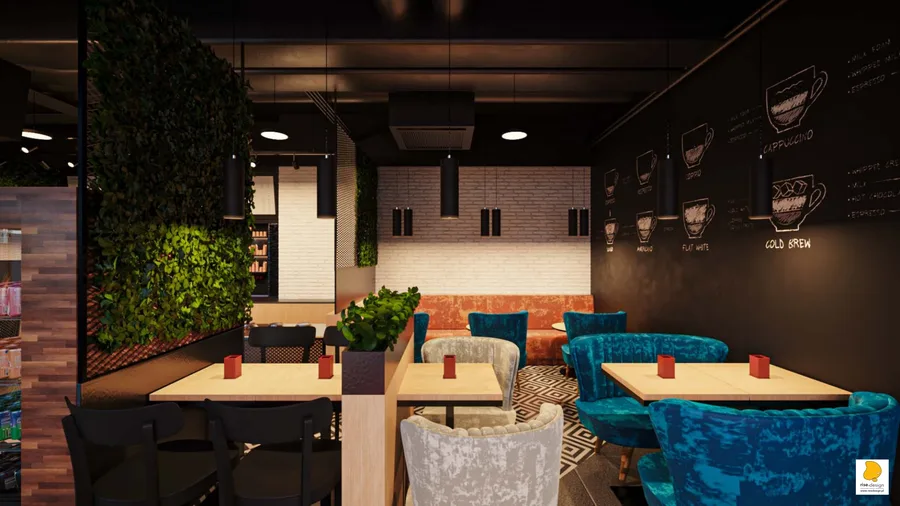 Interior: overhead perspective render showing trapezoidal cafe floor plan, V-shaped chevron tile pattern originating from entrance, central bar position, and green wall partitions dividing seating zones