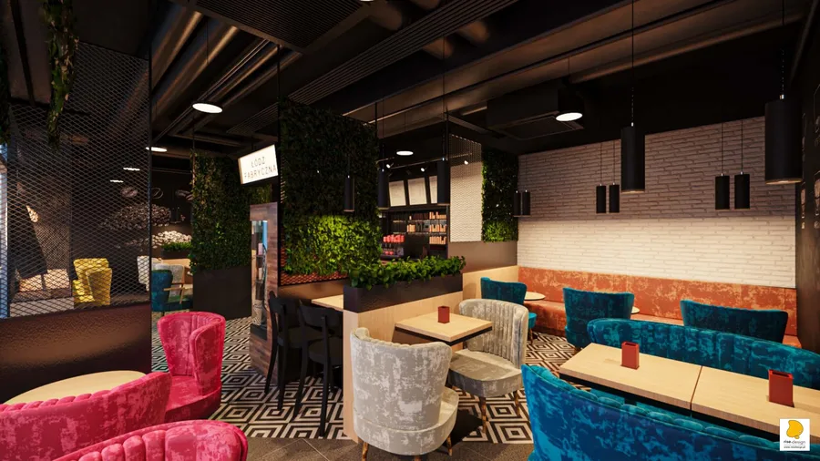 Interior: window-side seating render with emerald green and dove grey velvet armchairs, black steel mesh partition screens with beech wood shelves, and trailing greenery from ceiling baskets
