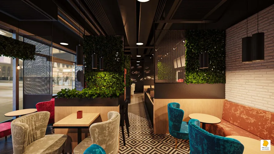 Interior: green wall corridor render with full-height vertical living plant walls in steel mesh frames, black closed profile steel structure, and warm pendant lighting overhead