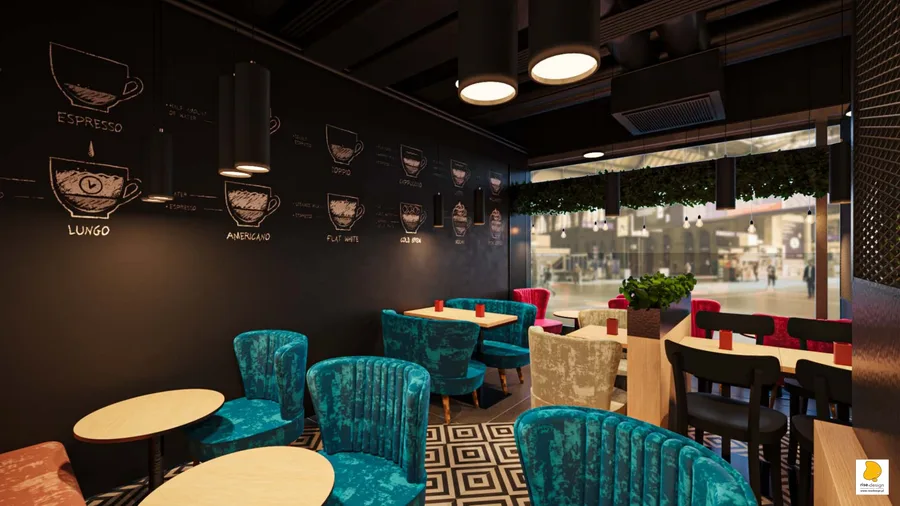 Interior: communal table render showing custom 420cm honey-stained beech table with steel mesh apron, geometric X-shaped diamond base frames, and integrated LED strip lighting