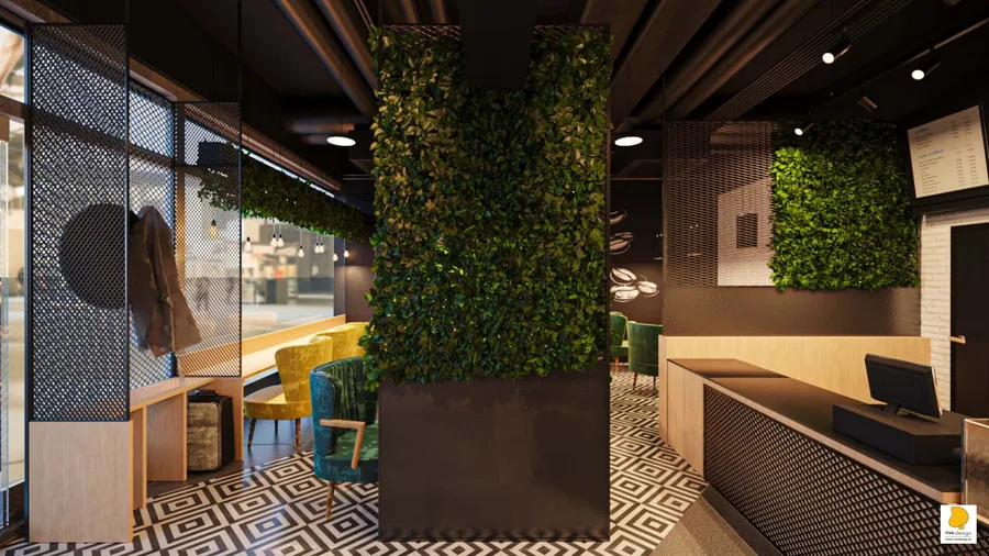 Interior: chalk coffee art feature wall render showing hand-drawn coffee bean illustrations and cup composition diagrams for espresso, americano, and cappuccino on dark matte background
