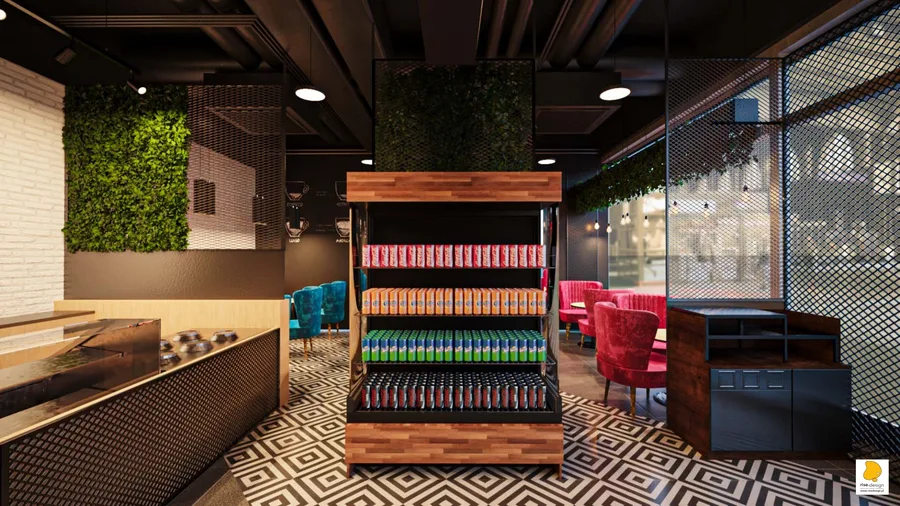 Interior: bar back-of-house render with cognac oak Egger Kendal millwork, glass display shelving, back-bar storage, and concealed Szafa Slepy cargo cabinet integration