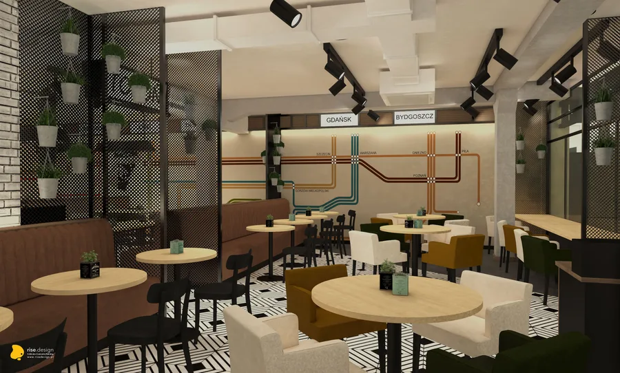 Detail: RAUTA black steel rhombus-pattern mesh screen with integrated planters beside cognac leather banquette seating and railway map mural wall in the layered dining zone