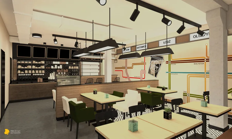 Interior: bar counter render with railway map backdrop, pendant lights, honey-toned cognac oak surfaces, and RAUTA black steel mesh screen serving as spatial divider to dining area