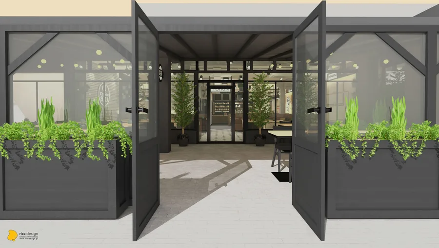 Exterior: enclosed terrace render with V-shaped diagonal dark steel bracing, glass panels, half-height panelled walls with integrated flower boxes, facing Nicolaus Copernicus University campus