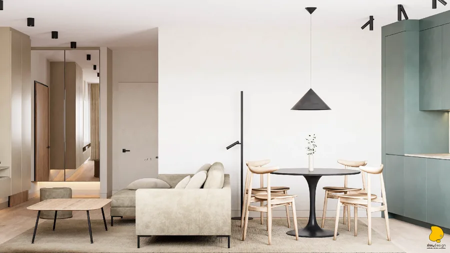 Living room from corridor entry render showing spatial flow perspective through doorway with sage green walls and contemporary furniture arrangement