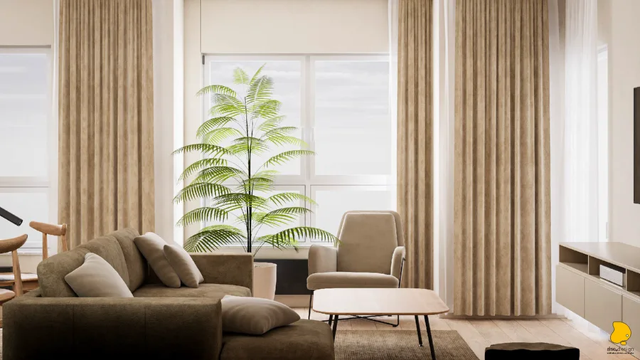 Kitchen and dining zone render with sage green fluted backsplash, integrated appliances, and open-plan connection to living area