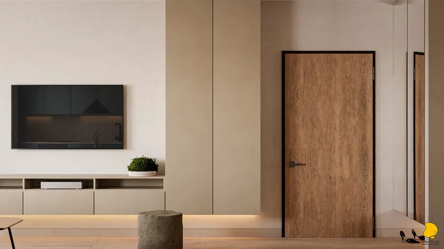 Corridor entry render showing built-in storage wall, warm neutral tones, and spatial flow toward living zones