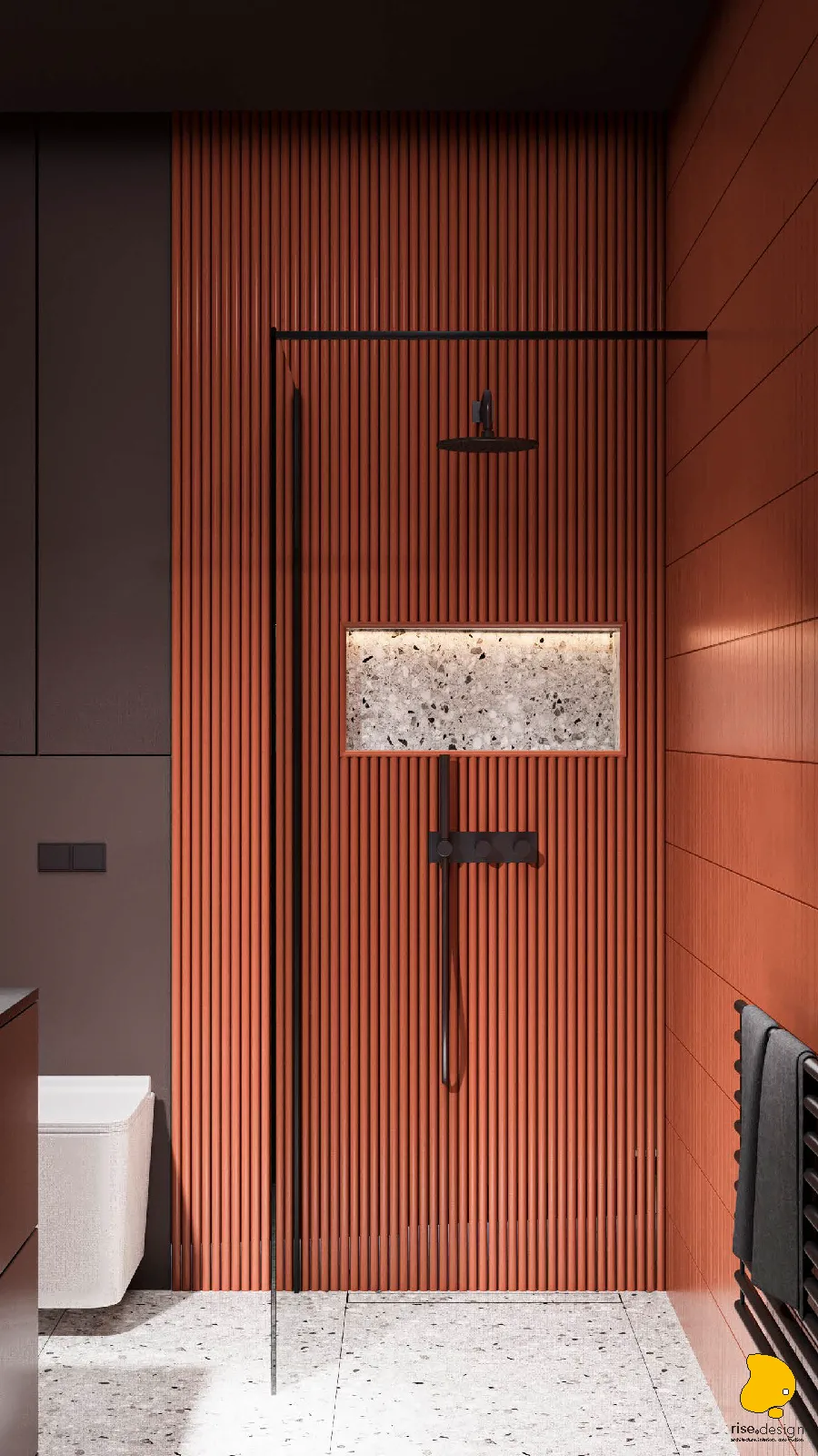 Bedroom detail render showing FENIX matte wardrobe surface, pendant lighting, and warm material palette at close range