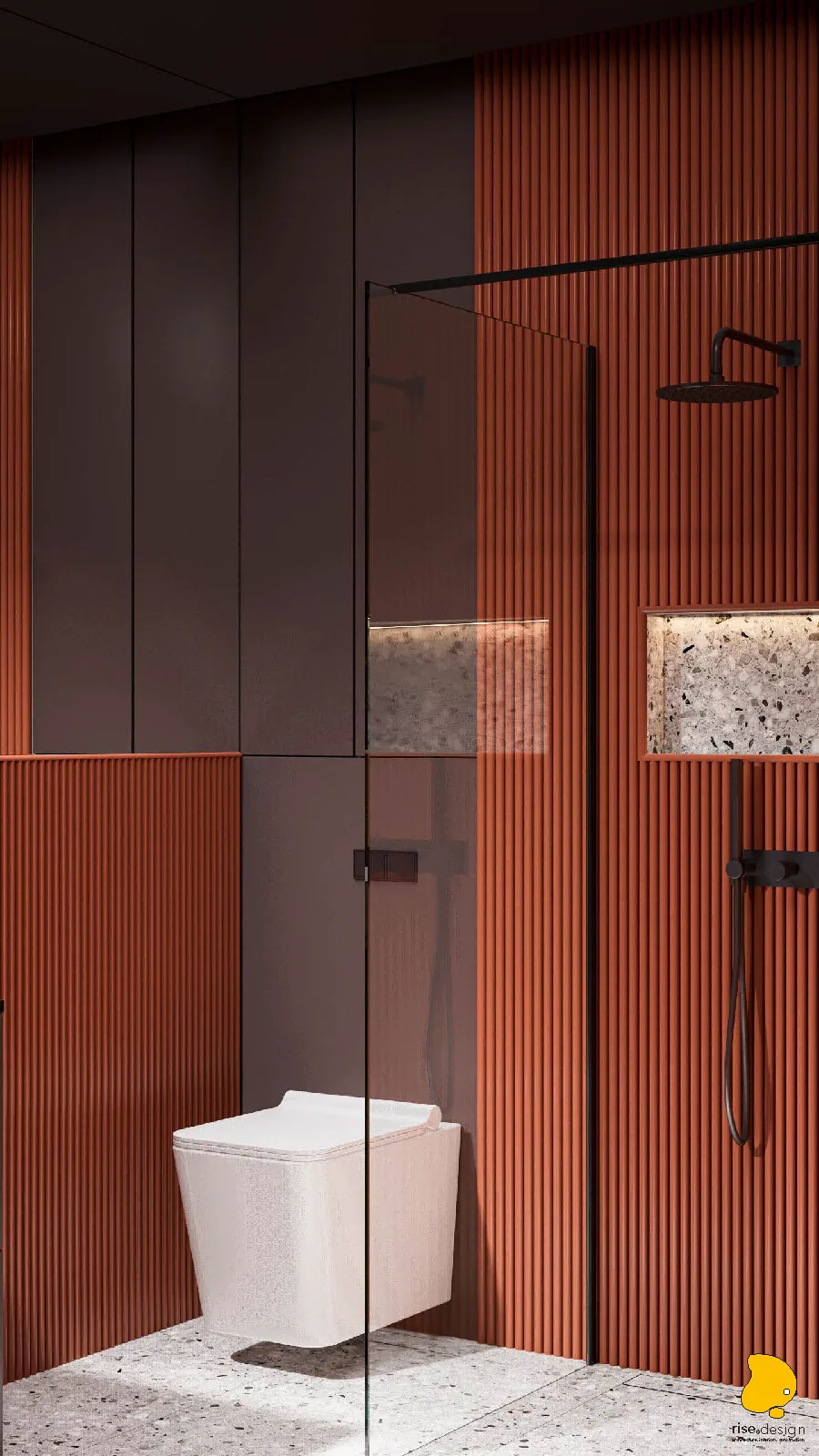Bedroom render from window perspective showing headboard niche, LED accent lighting, and full-height curtain system