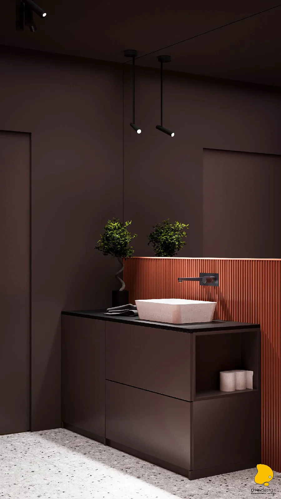 Bathroom render showing terracotta tile wall composition with fluted and flat zones meeting at LED strip transition