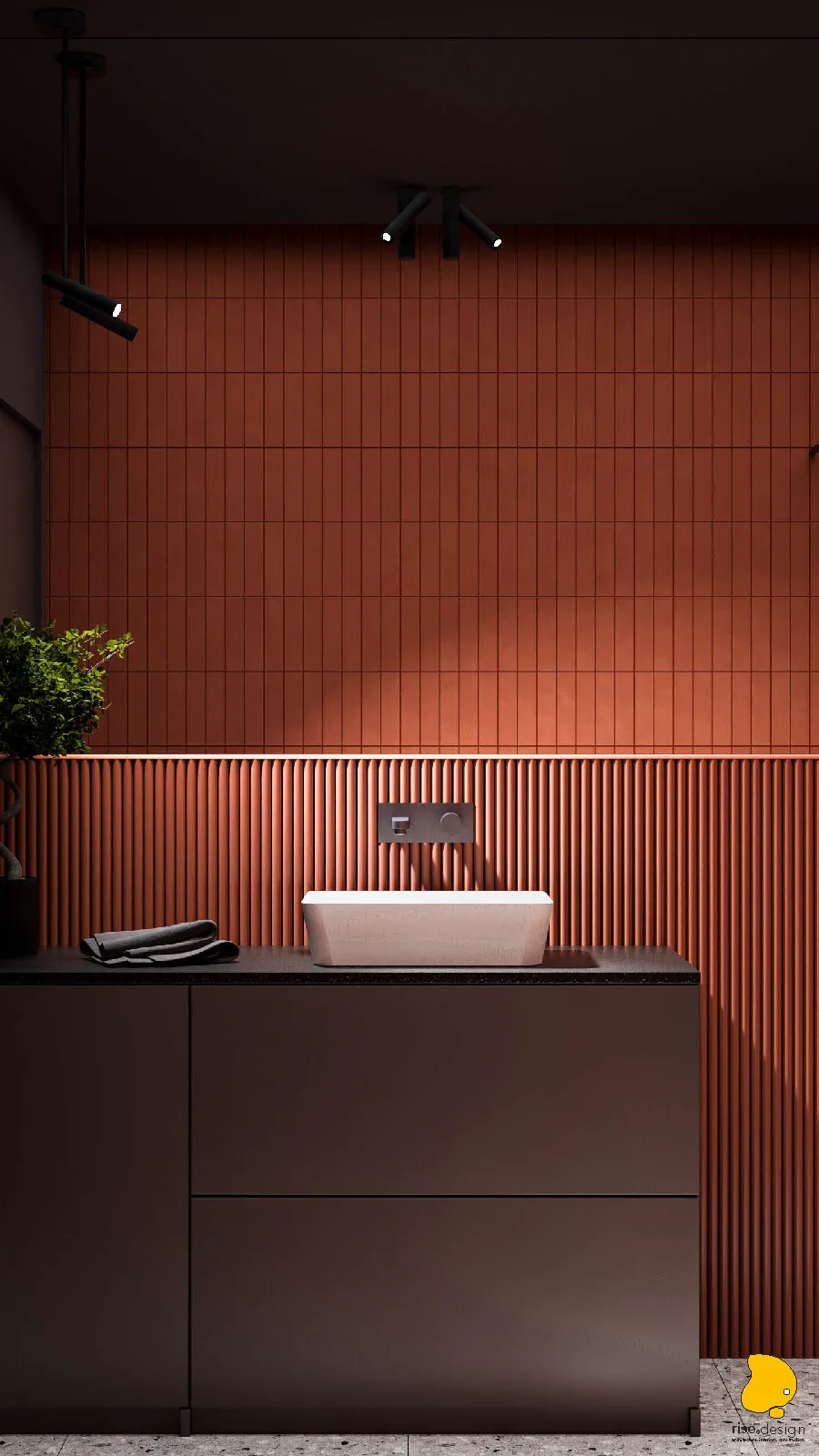 Bathroom shower zone render with backlit terrazzo niche, dark cocoon ceiling, and handmade terracotta tile texture