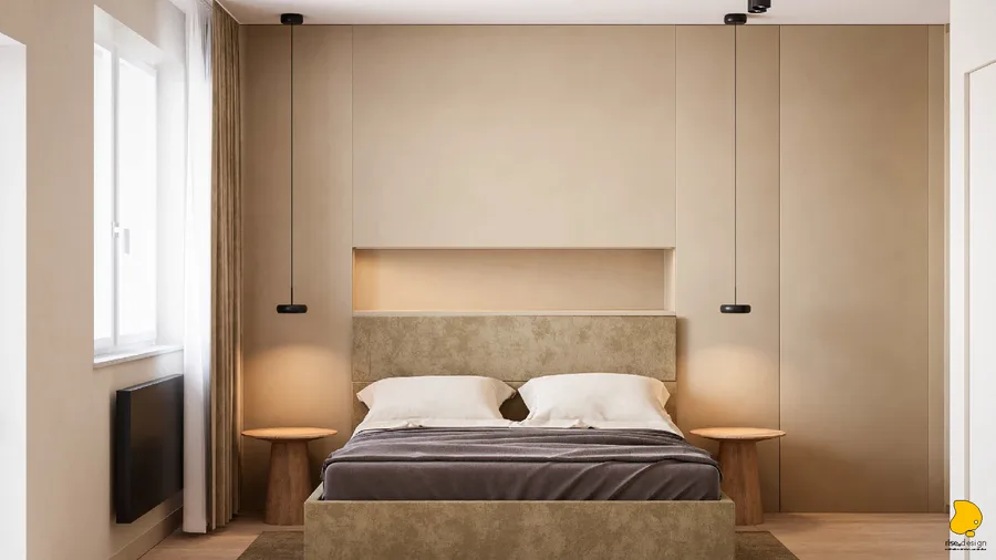 Entrance corridor render showing full-height built-in wardrobe wall and spatial connection to living area beyond