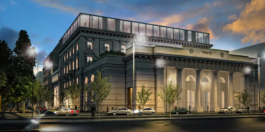 Night render of Palazzo Aporti showing the proposed renovation exterior with illuminated ground floor and restored facade elements