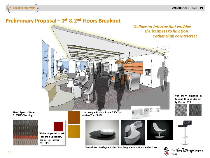 Concept presentation page showing material palette and design language: Corian panels, Grey Oak veneer, Perle stone, and colour accents
