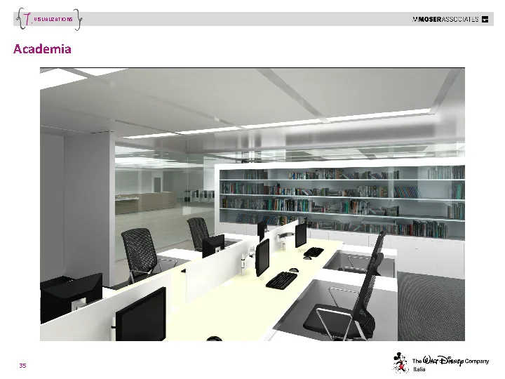 3D visualisation of the ground floor interior showing Corian panel volume, reception area, and spatial organisation concept