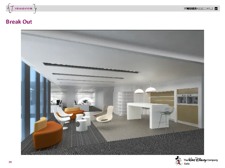 3D visualisation showing the bar and cafe zone with Corian panels, Bertoia seating, and Artemide Skydro pendant lighting scheme