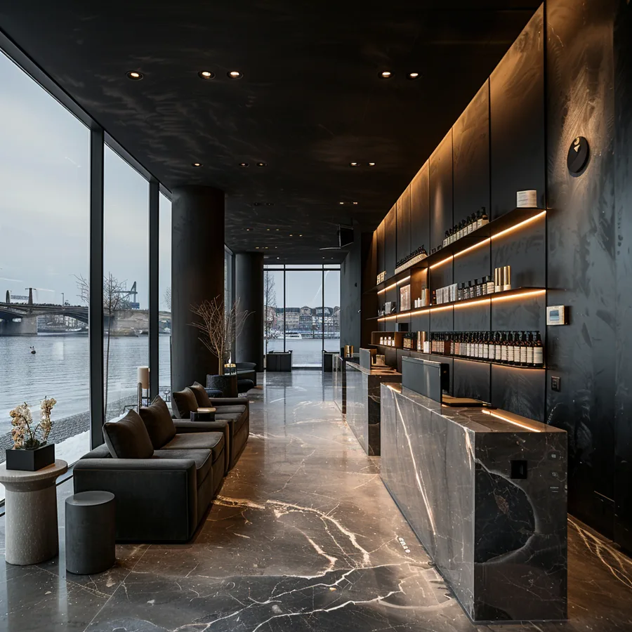 Render: beauty salon concept showing reception area with branded identity elements, premium dark finishes, and feature lighting design